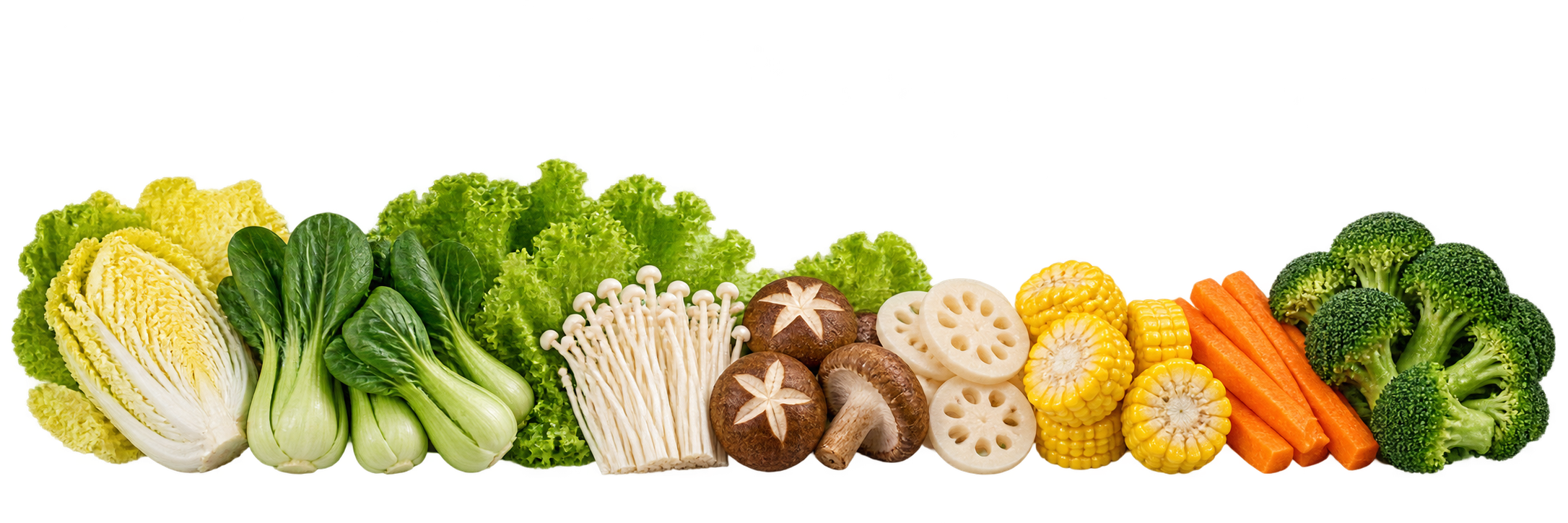 Fresh greens, mushrooms, lotus root, corn, carrots and broccoli